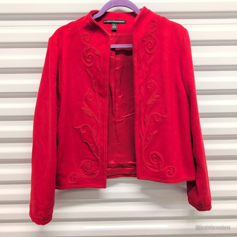 Company Ellen Tracy Red Wool Soutache Embroidered Jacket Women Size 8 Blazer